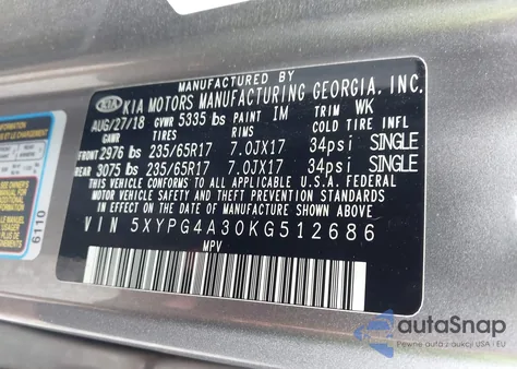 2019 Kia Sorento 2.4L Lx from USA, damaged, VIN 5XYPG4A30KG512686